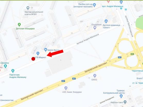 Схема рекламной плоскости по адресу Малышка ул., 25/1, возле супермаркета "АТБ", в сторону ст.м. "Дарница"