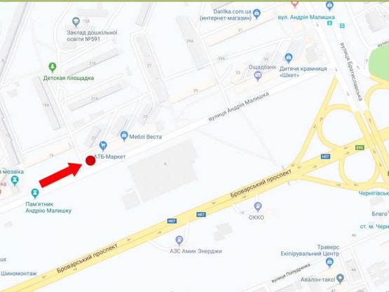 Схема рекламної площини за адресою Малышка ул., 25/1, возле супермаркета "АТБ", в сторону ст.м. "Черниговская"