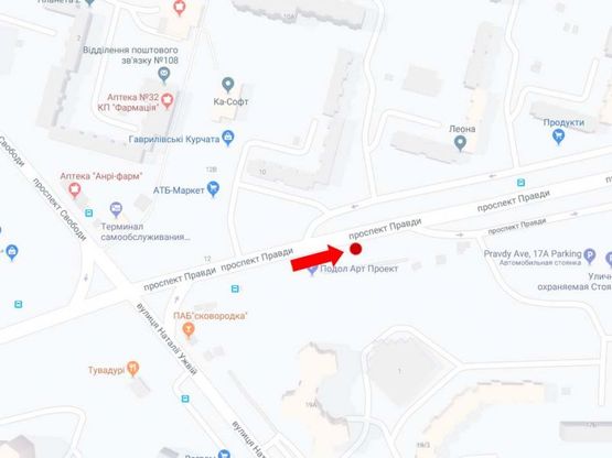 Схема рекламної площини за адресою Правды пр., 19а, в сторону ресторана McDonald's, ул. Вышгородской