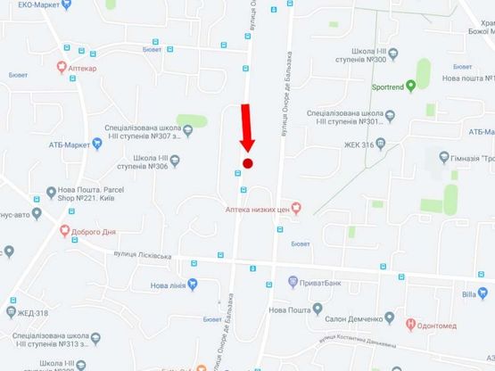 Схема рекламної площини за адресою Бальзака ул., 77, в сторону супермаркета "Новая линия", ул. Цветаевой