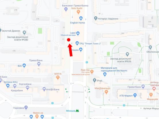 Схема рекламної площини за адресою Оболонский пр., 23, ТРЦ "Dream town", в сторону ст. м. "Героев Днепра"