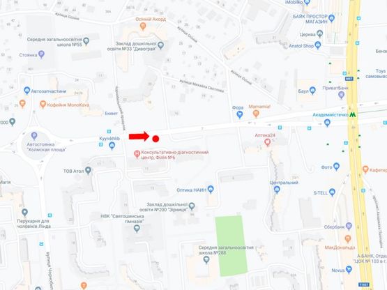 Схема рекламной плоскости по адресу Ефремова ул. (бывш. Уборевича), 11 - пер Чернобыльский, возле поликлиники, в сторону пр. Палладина, ст.м. "Академгородок"