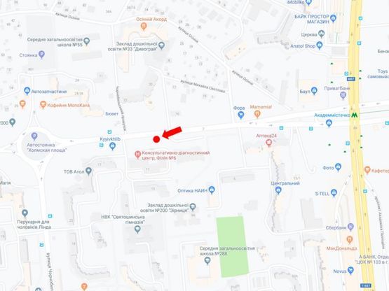 Схема рекламної площини за адресою Ефремова ул. (бывш. Уборевича), 11 - пер Чернобыльский, возле поликлиники, в сторону ул. Чернобыльской