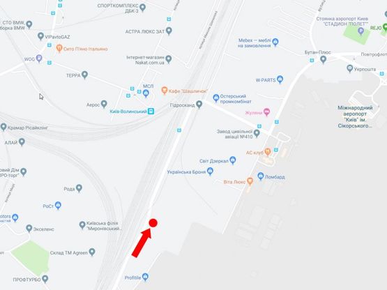 Схема рекламной плоскости по адресу Воздухофлотский пр., 50м до жд переезда, в сторону центра, аэропорта Киев