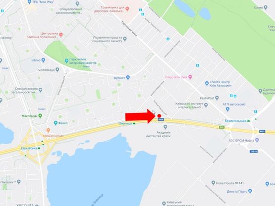 Схема рекламной плоскости по адресу Бажана пр. - ул. Черниговская, ст.м. "Вырлица", напротив АЗС "Glusco", в сторону Харьковской пл., аэропорта Борисполь