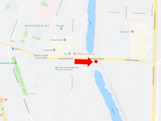 Схема рекламної площини за адресою Полярная ул., перед мостом, в сторону супермаркета "Эпицентр", ул. Богатырской