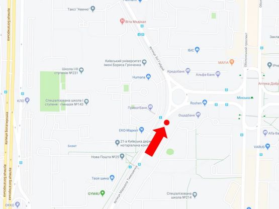 Схема рекламної площини за адресою Тимошенко ул., 6, напротив супермаркета "Экомаркет", в сторону ст.м. "Минская"