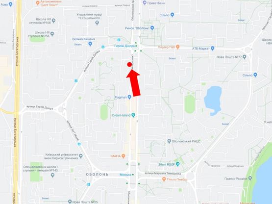 Схема рекламной плоскости по адресу Оболонский пр, 43, возле ТРЦ "Dream Town", в сторону ст.м."Героев Днепра"