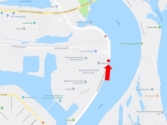 Схема рекламної площини за адресою Набережно-Рыбальская ул., 850м до мост Подольско-Воскресенский, напротив клуба "5-й элемент", в сторону мост Московский