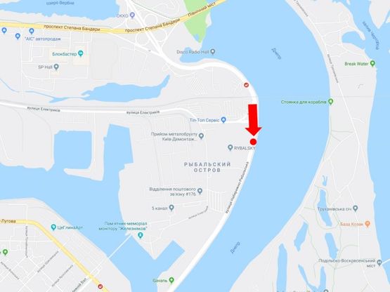 Схема рекламної площини за адресою Набережно-Рыбальская ул., 850м до мост Подольско-Воскресенский, напротив клуба "5-й элемент", в сторону Набережно-Крещатикская ул.