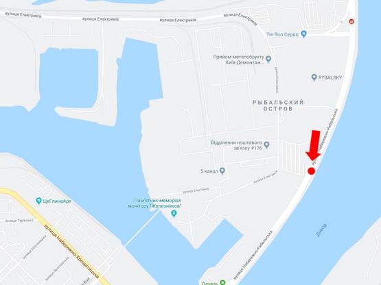 Схема рекламної площини за адресою Набережно-Рыбальская ул., 350м до мост Подольско-Воскресенский, в сторону Набережно-Крещатицкая ул.