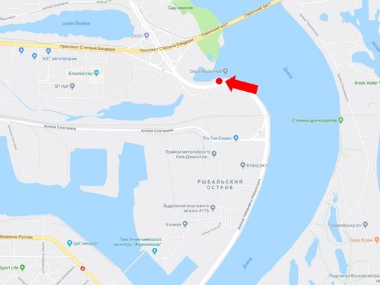 Схема рекламної площини за адресою Набережно-Рыбальская ул., напротив АЗС “Glusco”,возле клуба “Disco Radio Hall”, в сторону Оболони, Московского моста