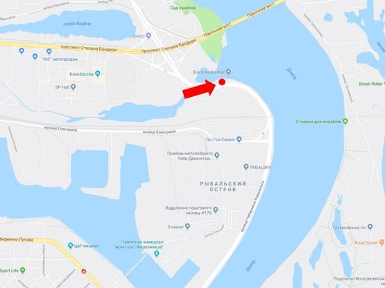 Схема рекламной плоскости по адресу Набережно-Рыбальская ул., напротив АЗС “Glusco”, возле клуба “Disco Radio Hall”, в сторону Набережно-Крещатицкая ул.