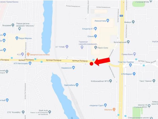 Схема рекламної площини за адресою Полярная ул. 16 - напротив заезда в супермаркеты "Эпицентр", "Сильпо", в сторону пл. Шевченко