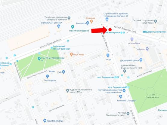 Схема рекламної площини за адресою Привокзальная ул. - Ялтинская ул. - ул. Бориспольская, возле Дарницкого рынка, в сторону ул. Бориспольской