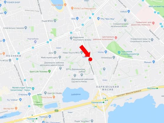 Схема рекламної площини за адресою Ревуцкого ул. 29, в сторону ст.м. "Харьковская", пр. Бажана