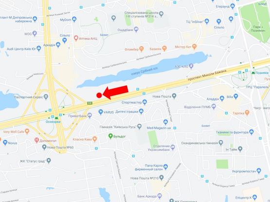 Схема рекламної площини за адресою Бажана пр., 1Л, возле ТЦ "Park Plaza",  между ст.м. "Позняки" и "Осокорки", в сторону Южного моста