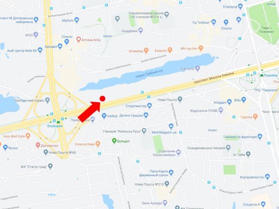 Схема рекламной плоскости по адресу Бажана пр., 1Л, возле ТЦ "Park Plaza",  между ст.м. "Позняки" и "Осокорки", в сторону Харьковской пл.