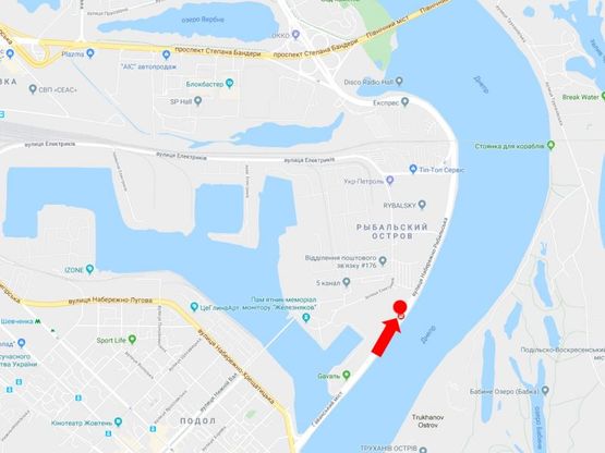 Схема рекламної площини за адресою Набережно-Рыбальская ул., перед Подольско-Воскресенским мостом, в сторону  пр. Бандеры, Оболони