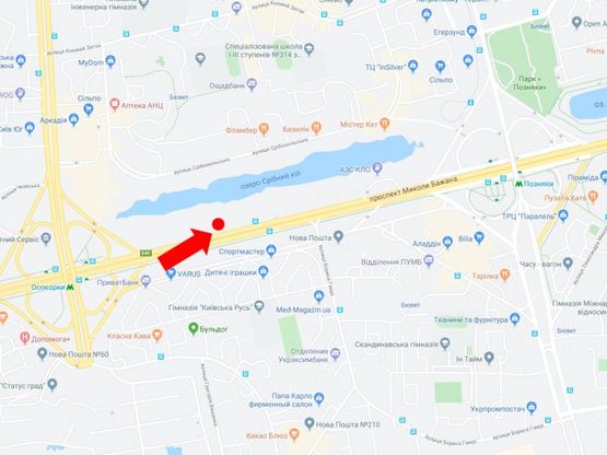 Схема рекламної площини за адресою Бажана пр., 1-Л, 500 м. от ст.м. "Осокорки", в сторону ст.м. "Позняки", Харьковской пл.