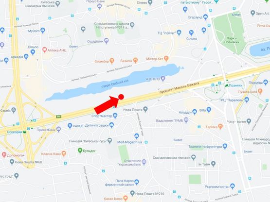 Схема рекламної площини за адресою Бажана пр., 1-Л, 700 м. от ст.м. "Осокорки", в сторону ст.м. "Позняки", Харьковской пл.