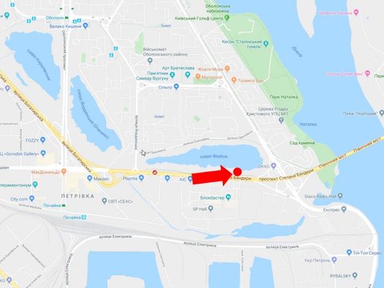 Схема рекламної площини за адресою Бандеры пр. (бывш. Московский)  - пр. Героев Сталинграда, напротив ТРЦ "Blockbuster Mall", в сторону Северного моста