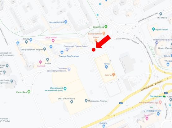 Схема рекламной плоскости по адресу Никольско-Слободская ул., 2В, возле супермаркета "Новус", от Шептицкого ул. (бывш. Луначарского ул.) к МВЦ