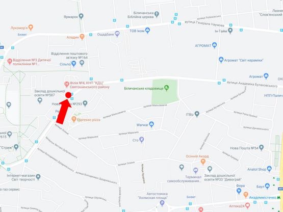 Схема рекламної площини за адресою Булаховского ул. 26, магазина "Агромат", в сторону пр. Палладина