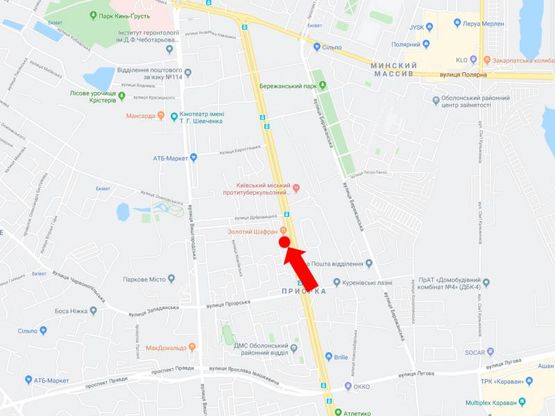 Схема рекламної площини за адресою Автозаводская ул. 41, ресторан "Золотой шафран", в сторону пл. Шевченко