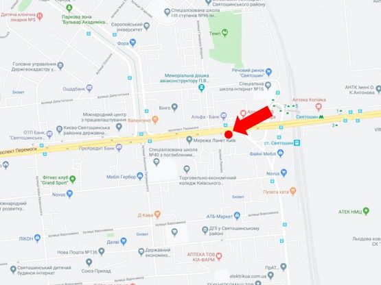 Схема рекламної площини за адресою Победы пр. 106/2, возле супермаркетов "Сильпо", "Фокстрот", "Watsons", из центра