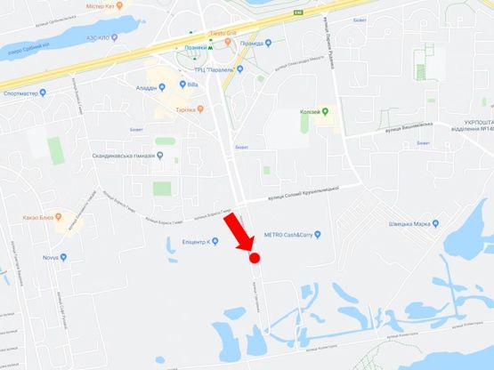 Схема рекламної площини за адресою Григоренко пр. 40, на разделителе, напротив супермаркетов "Эпицентр", "Metro", в сторону ул. Коллекторной