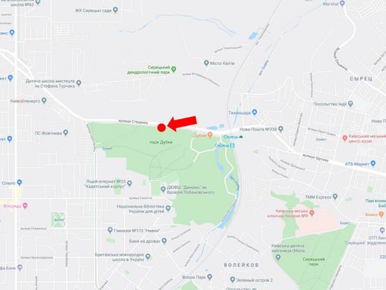 Схема рекламної площини за адресою Стеценко ул., парк "Дубки", в сторону ТРЦ "Лавина молл", супермаркетов "Ашан, "Эпицентр"