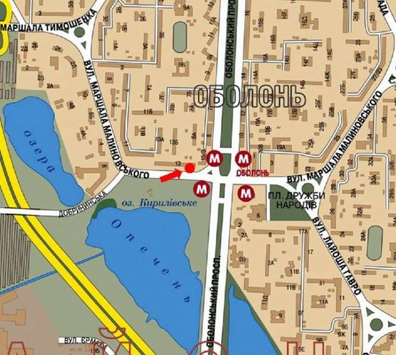 Схема рекламної площини за адресою Малиновского ул., 13, возле ст. м. "Оболонь", в сторону Оболонского пр.