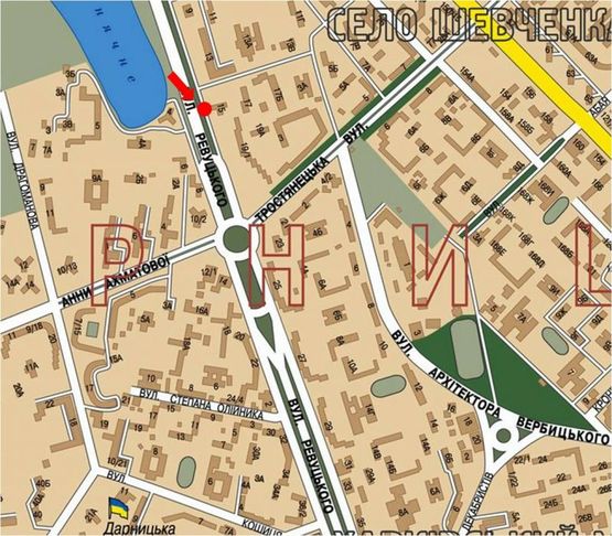 Схема рекламной плоскости по адресу Ревуцкого ул., 15, через дорогу, разделитель, в сторону ст. м. "Харьковская"