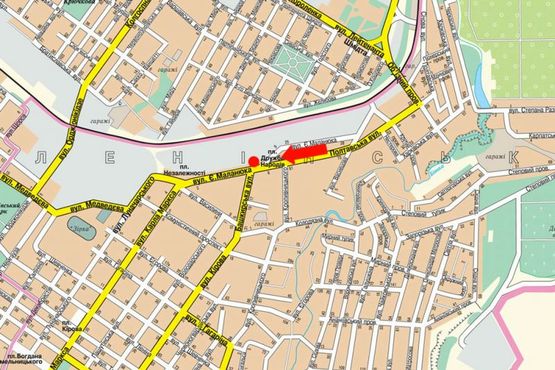 Схема рекламной плоскости по адресу Полтавская ул. / Маланюка ул. / Дружбы Народов пл., супермаркет "АТБ"