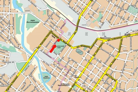 Схема рекламной плоскости по адресу Чикаленко ул. (бывш. Медведева ул.) / Олефиренко ул. (бывш. Фрунзе ул.), супермаркет "АТБ", парк "Ковалевский"