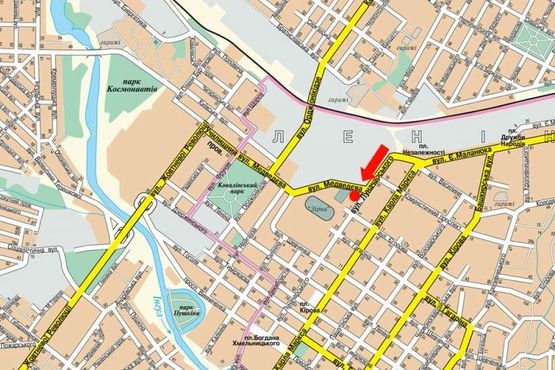 Схема рекламной плоскости по адресу Черновола ул. (бывш. Луначарского ул.), 2 / Чикаленко ул. (бывш. Медведева ул.), в центр