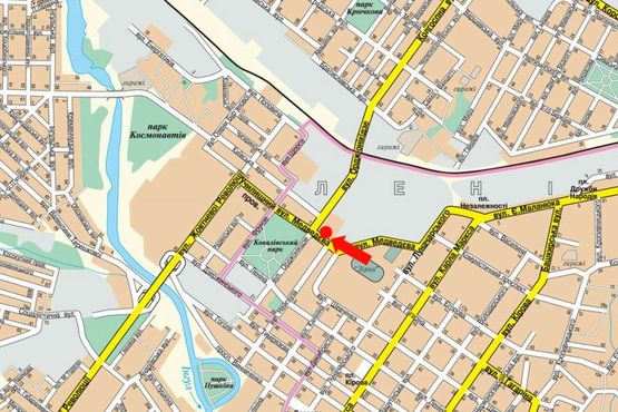 Схема рекламной плоскости по адресу Чикаленко ул. (бывш. Медведева ул.) / Ельворти ул., 7 (бывш.  Орджоникидзе ул.), возле БЦ "Ельворти"