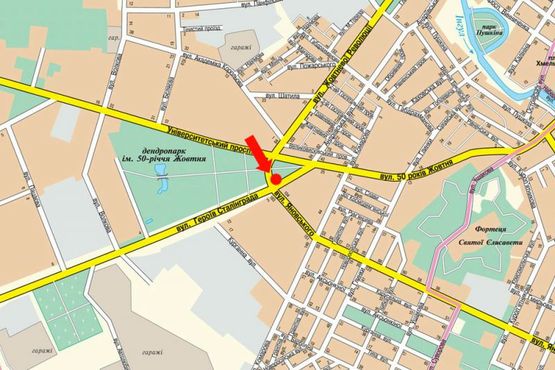 Схема рекламной плоскости по адресу Яновского ул. / Тамма ул. (бывш. Героев Сталинграда ул.), "Колхозный" и "Крытый" рынки (флажок)