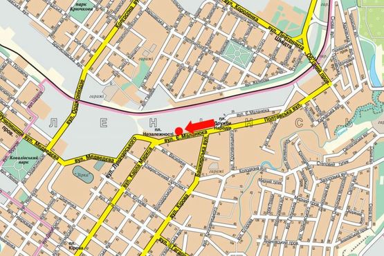 Схема рекламной плоскости по адресу Маланюка ул., 5 / Независимости пл., возле швейной фабрики "Зорянка", супермаркета "АТБ"