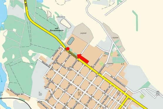 Схема рекламної площини за адресою Короленко ул. / Осипенко ул., стадион АРЗ, 4-я горбольница, АЗС "Окко", из центра