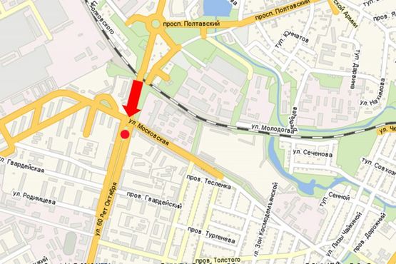 Схема рекламної площини за адресою Свободы пр. (бывш. 60-летия Октября ул.) 83/1 / ул. Московская разделитель, в центр