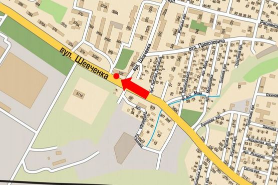 Схема рекламной плоскости по адресу Шевченко ул., 358, возле ТЦ "ВАМ", супермаркета "Сильпо", на светофоре, из центра