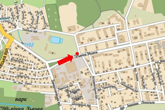 Схема рекламной плоскости по адресу Мазепы ул., 1 / Инструментальная ул., магазин "Инструмент"