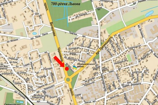 Схема рекламной плоскости по адресу Черновола пр., 61, в центр, возле супермаркета "Фокстрот", "McDonald's"