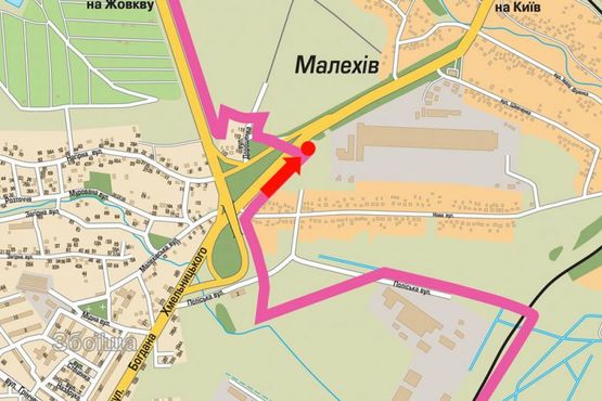 Схема рекламной плоскости по адресу Трасса Киев-Львов, с. Малехов, АЗС "WOG", выезд из города