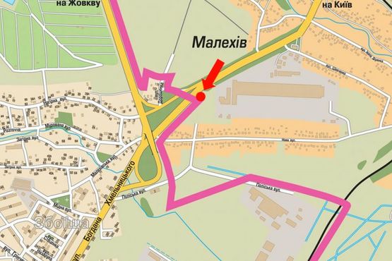 Схема рекламной плоскости по адресу Трасса Киев-Львов, с. Малехов, АЗС "WOG" въезд в город
