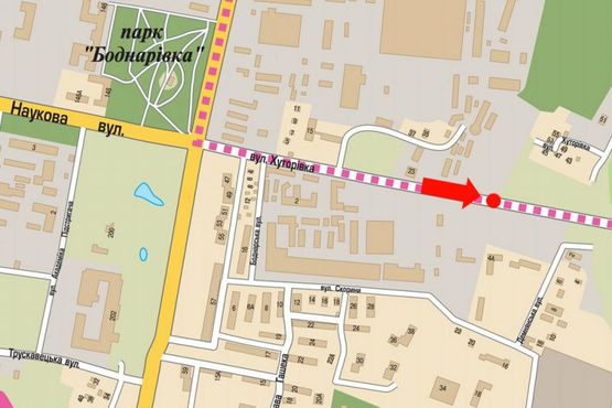 Схема рекламної площини за адресою Хуторовка ул., 4, разделитель, напротив оптового рынка "Шувар", в сторону Красной Калины пр., левый