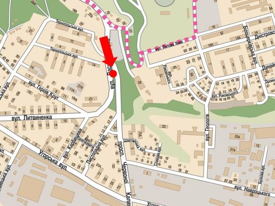 Схема рекламной плоскости по адресу Красной Калины пр., 100м за Листопадной ул., из центра