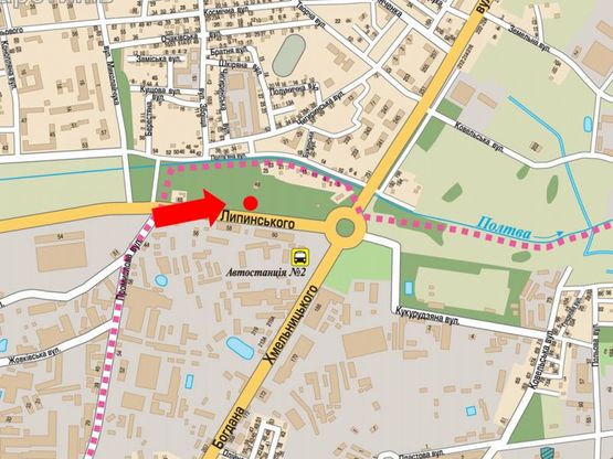 Схема рекламної площини за адресою Липинского ул., 60, напротив отеля "Волтер", в сторону Хмельницкого пр.